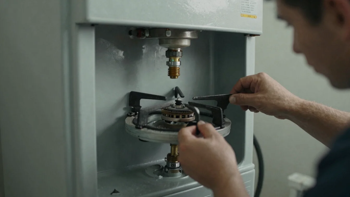 Close detail of a gas furnace burner assembly and ductwork being fitted by a technician, grounded slate tones, soft work