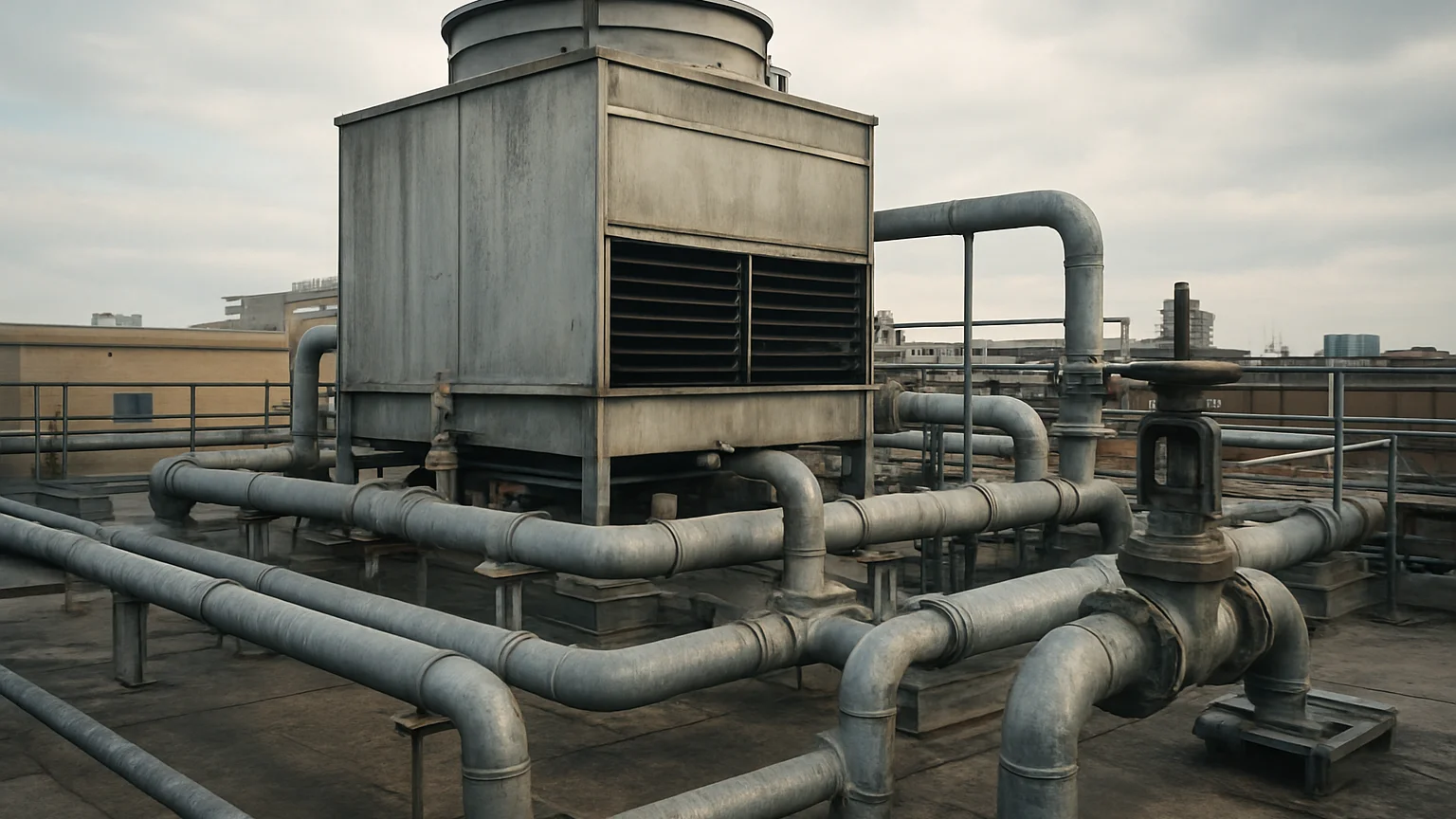Rooftop cooling tower and connecting pipework on an industrial building, natural daylight, documentary framing