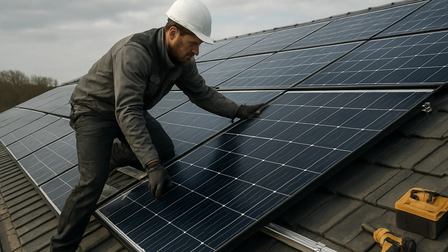 Technician mounting solar collector panels on a roof frame, honest daylight, restrained amber accents in the surrounding