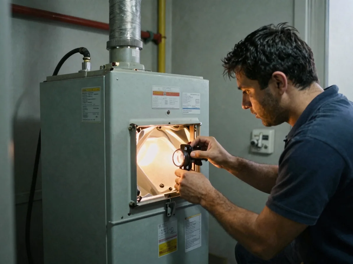 Documentary photograph of a technician installing a gas furnace in a mechanical room, soft available work light, slate a