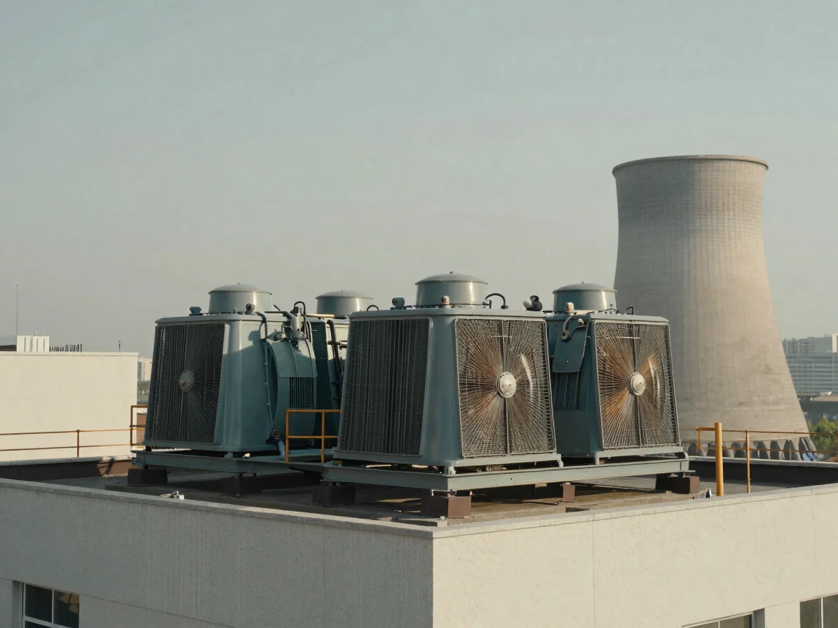 Wide documentary view of a commercial cooling tower installed on a building roof, honest daylight, grounded slate tones,