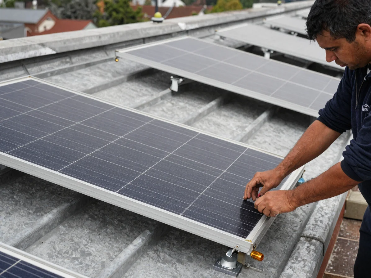 Documentary photograph of rooftop solar thermal collectors being fitted, technician's hands at work, restrained amber ac