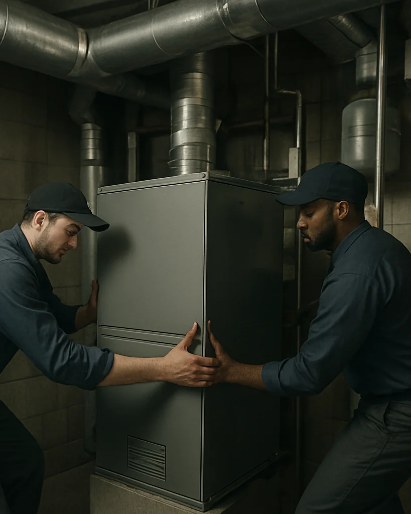 Documentary photograph of two technicians positioning a furnace assembly inside a mechanical room, soft available work l