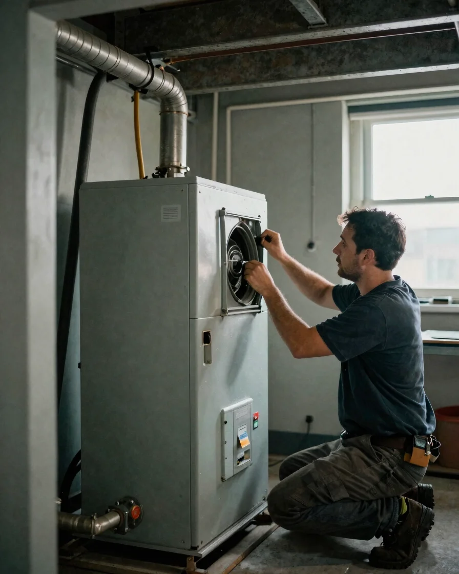 Documentary photograph of a technician installing a furnace and piping in a mechanical room, soft available work light,